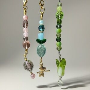 Handmade Beaded Keychain Set 3pc Bird Bok Choy Glass Bead Charms Green Pink Teal